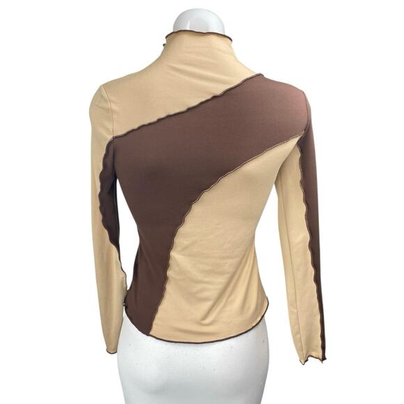 Commense Women's Cream Brown Colorblock Turtleneck Long Sleeve Sweater Top Sz M - Picture 2 of 4